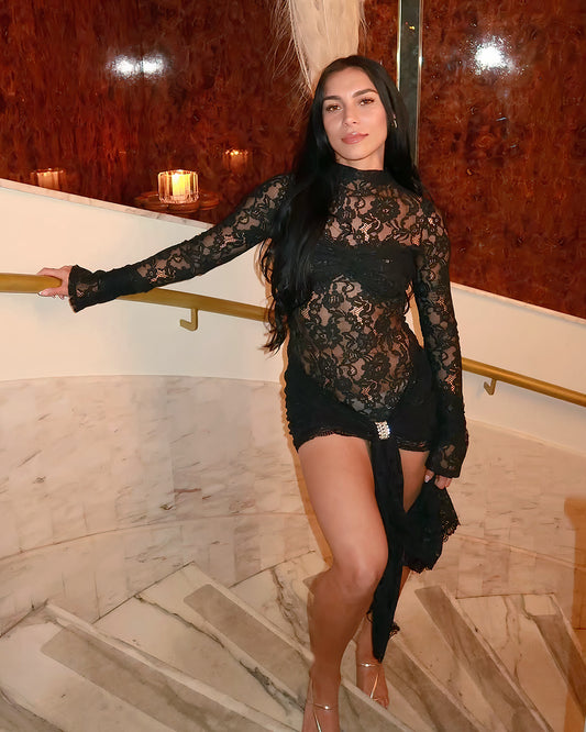 Nova Sheer Lace Ruched Mini Dress