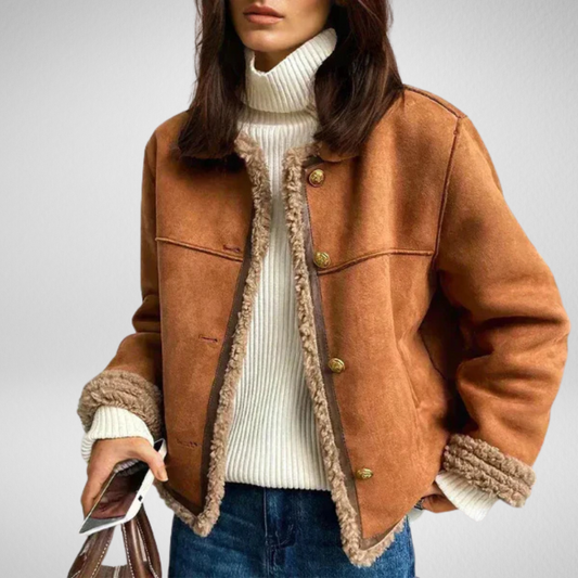 Women’s Suede-Look Jacket with Shearling Details – Button Design – Warm & Versatile