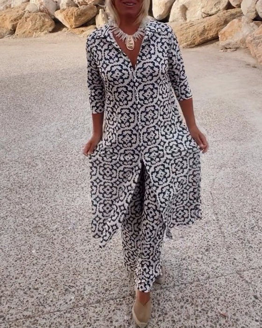 Women’s Boho Print Summer Set – Tunic Top & Wide-Leg Pants