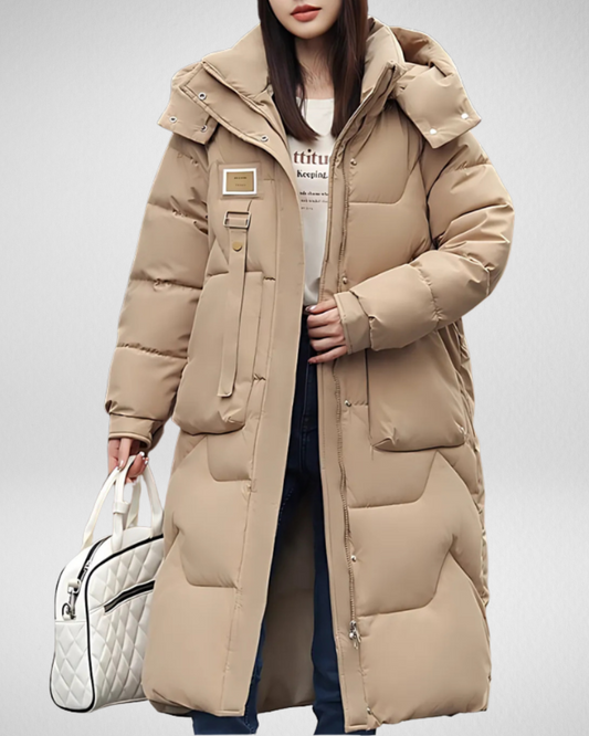 Women’s Oversized Puffer Trench Coat with Hood – Long & Warm