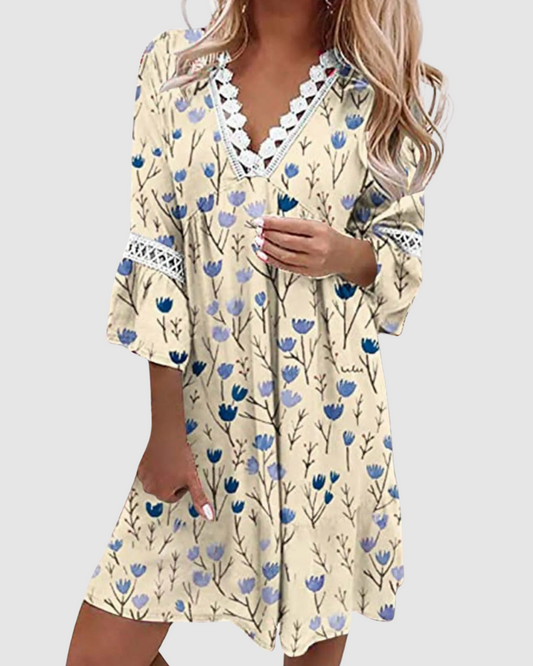 Women’s Floral Dress – V-Neck Lace Trim – Casual Summer Style