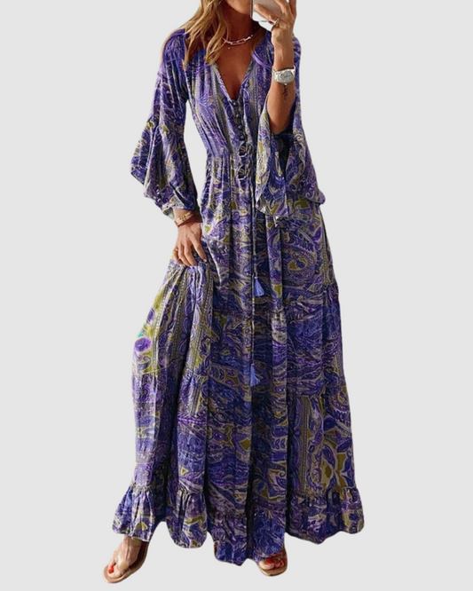 Women’s Maxi Dress – Boho Bell Sleeve – Casual Summer Style