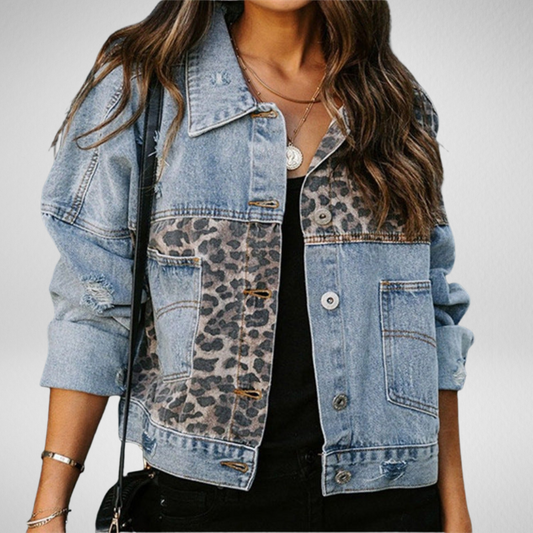 Women’s Denim Jacket – Relaxed Fit – Leopard Print Panels – Distressed
