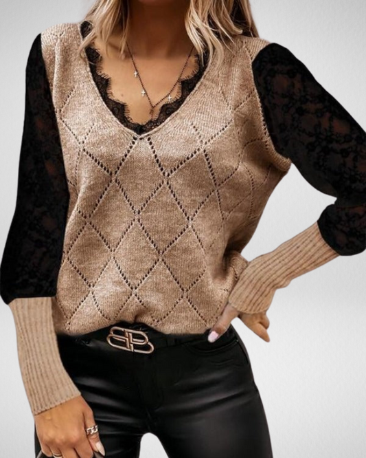Women’s Knit Top – V-Neck – Lace Trim – Long Sleeve