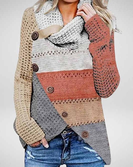 Women’s Patchwork Knit Sweater – High Collar – Button Detail