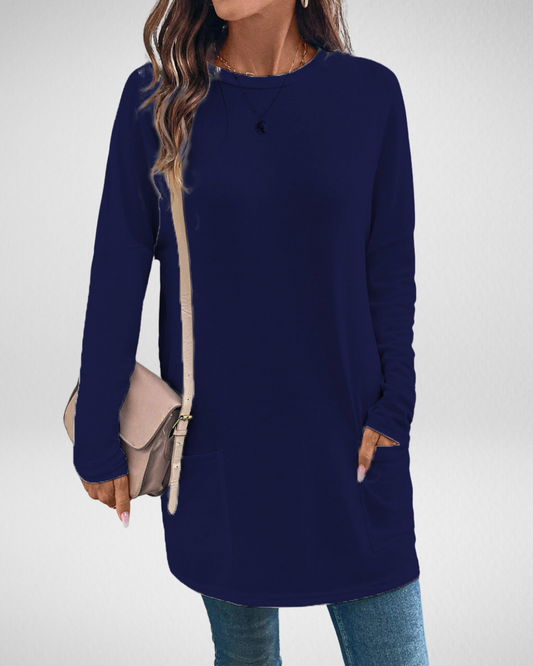 Women’s Cotton Tunic Sweater – Relaxed Fit – Round Neck – Side Pockets