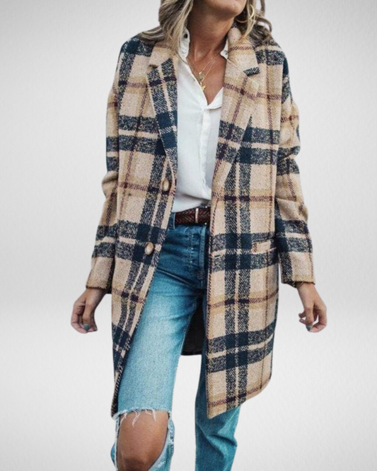 Women’s Oversized Checkered Coat – Long Straight Fit – Notch Collar