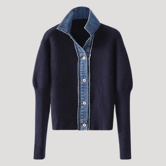 Women’s Knit Cardigan with Denim Trim – Modern Contrast